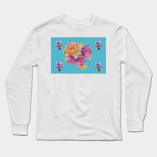 Shabby Chic Pink Rose on Teal Floral Pattern Long Sleeve T-Shirt